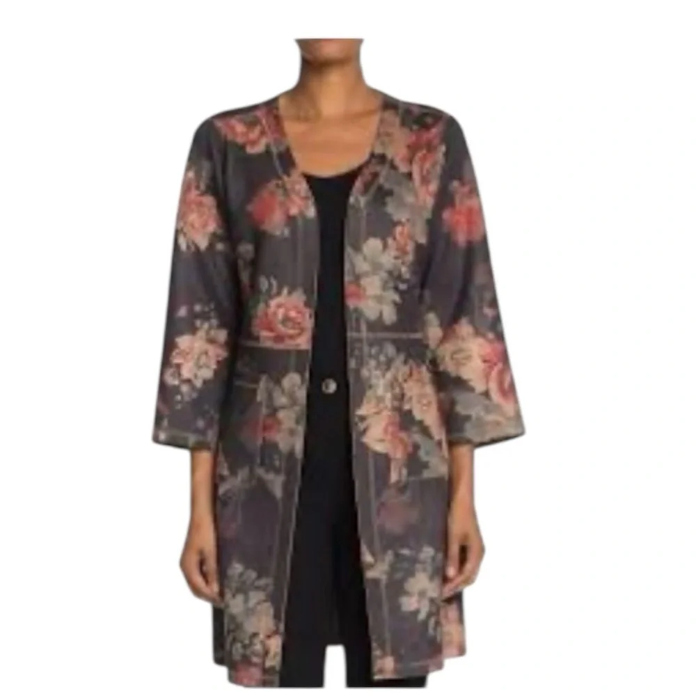 Solitaire Anthropologie Boho Floral Open Front Cardigan, Kimono, Suede Coat Sz M